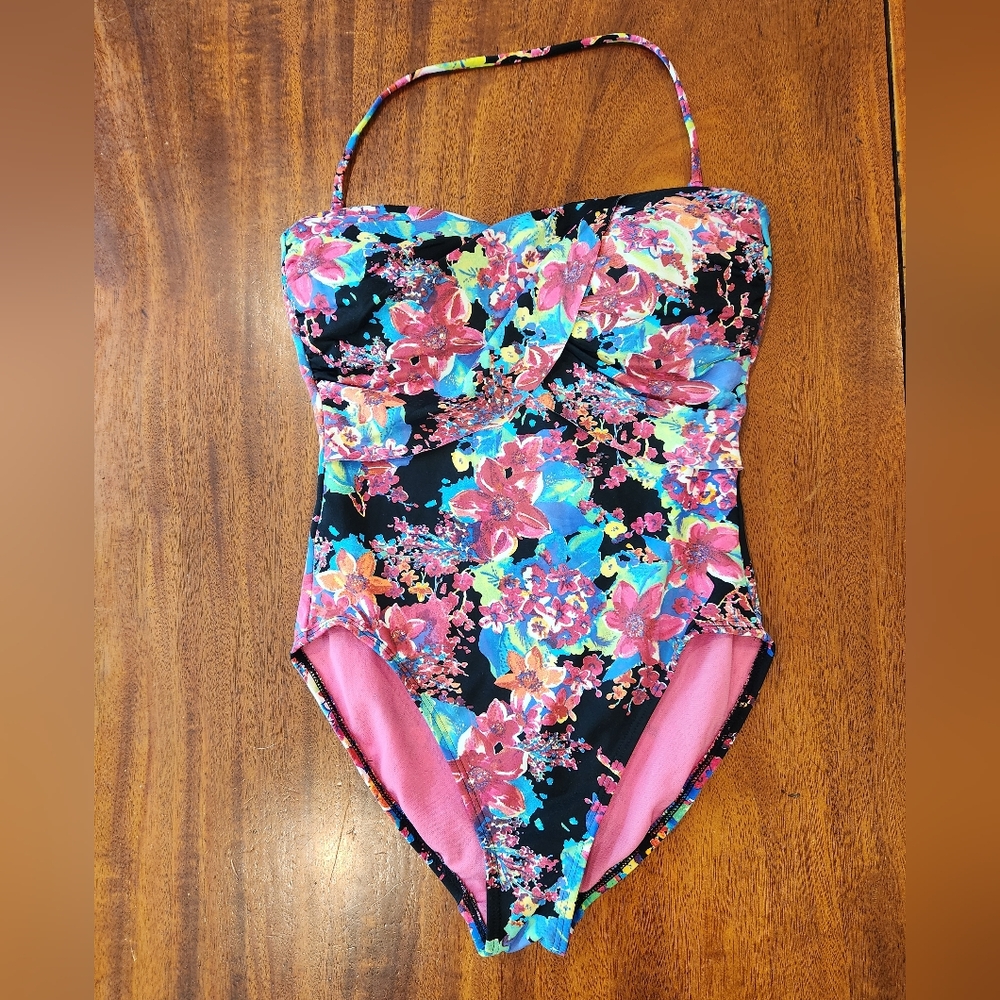 Liz Claiborne Pink and Blue One Piece Swimsuit Floral Design